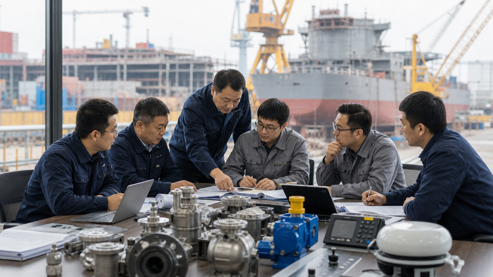 AI-generated documentary-style business scene of a marine equipment export and engineering team reviewing overseas shipyard, shipowner and offshore customer opportunities